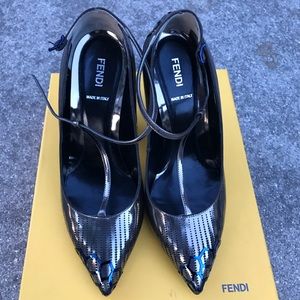 FENDI Metallic T-strap Platform Heels.